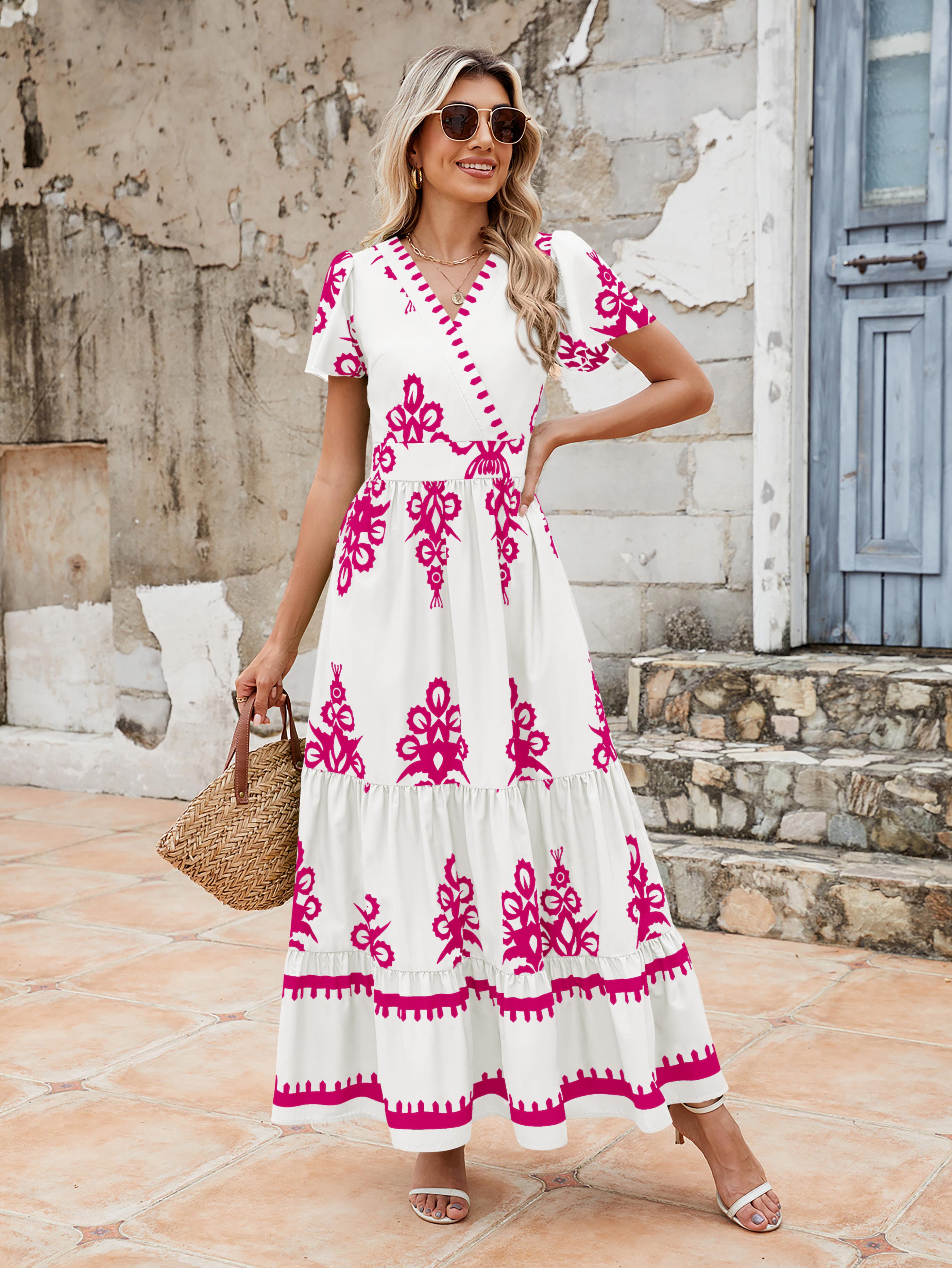 Women's Summer Casual V Neck Boho Maxi Dress Flowy Aline Bell Sleeve Tiered Floral Dresses with Pocket Comfort Bohemian Womenswear V-Neck Short Sleeve