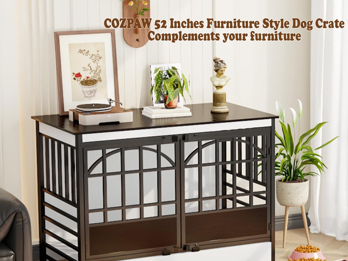 COZPAW Heavy Duty Dog Crate Furniture, 52 Inch Wooden Dog Kennel Indoor for XLarge Breed, Dog Crates for Large Dogs with Double Doors, Decorate as House TV Stand, End Table-White Brown