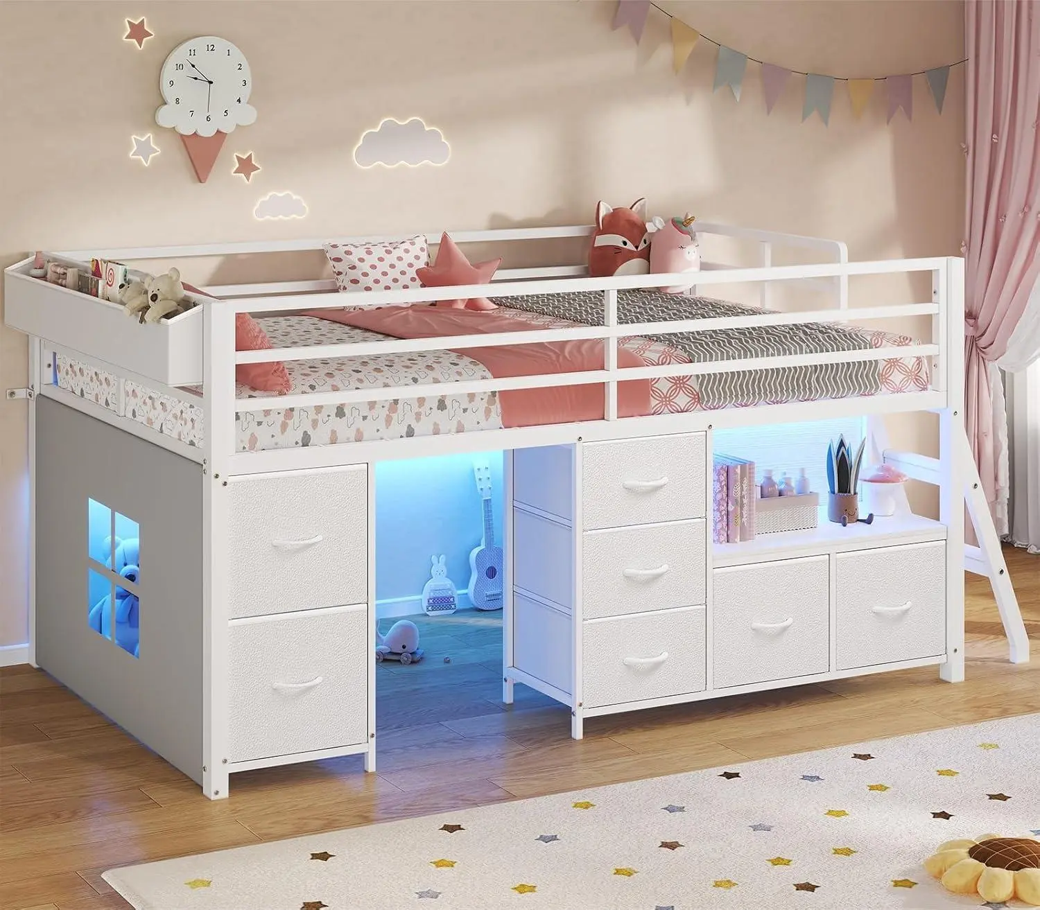 SIKAIC Twin Low Loft Bed with 7 Storage Drawers, Bookcase and LED Lights, Space Saving Metal Bed Frame with Play Curtain and Under-Bed Storage Space,dorm essentials,home decor