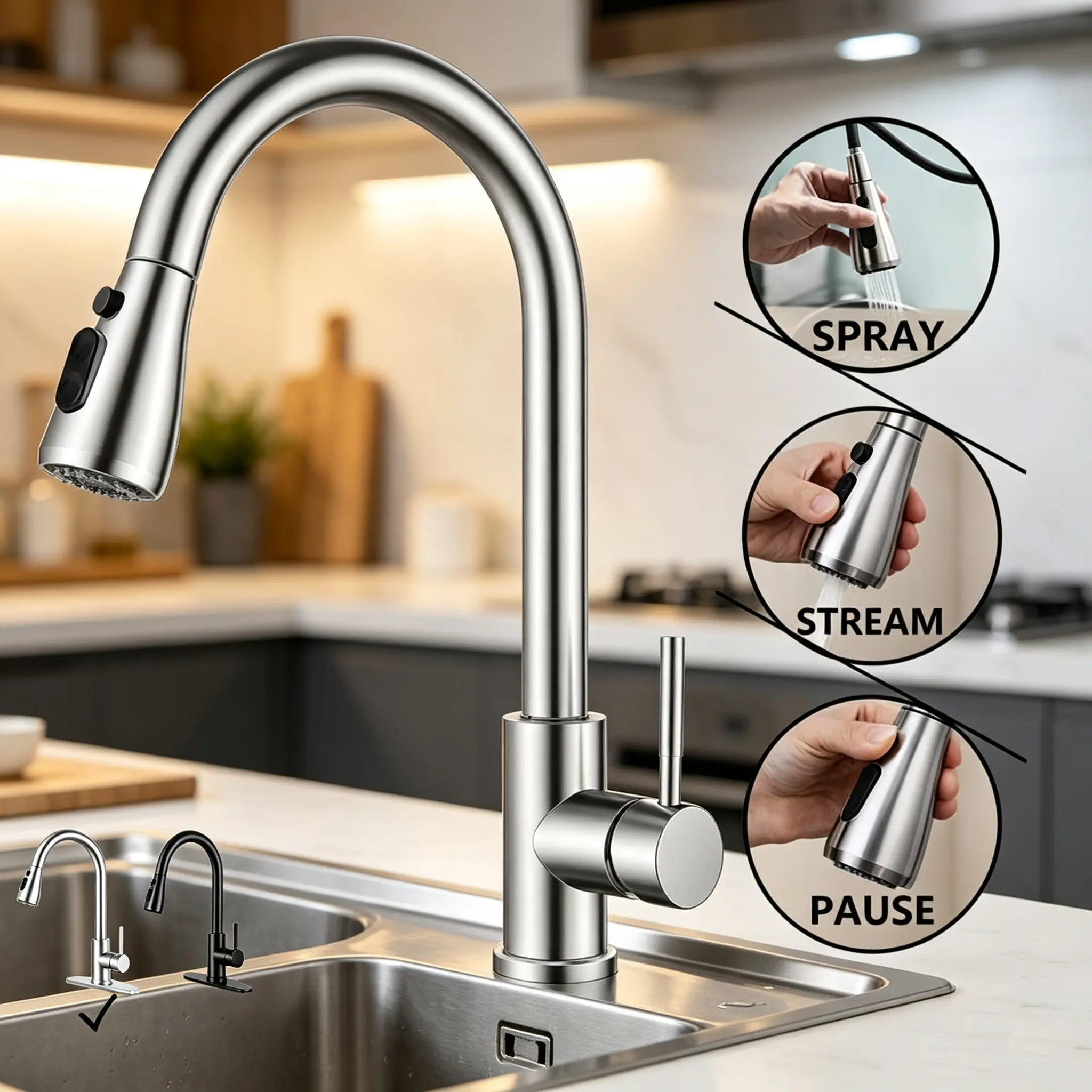 Modern Kitchen Faucet with Pull Down Sprayer, Brushed Nickel Finish, High Arc Single Handle, 360° Swivel Spout, 3 Spray Modes