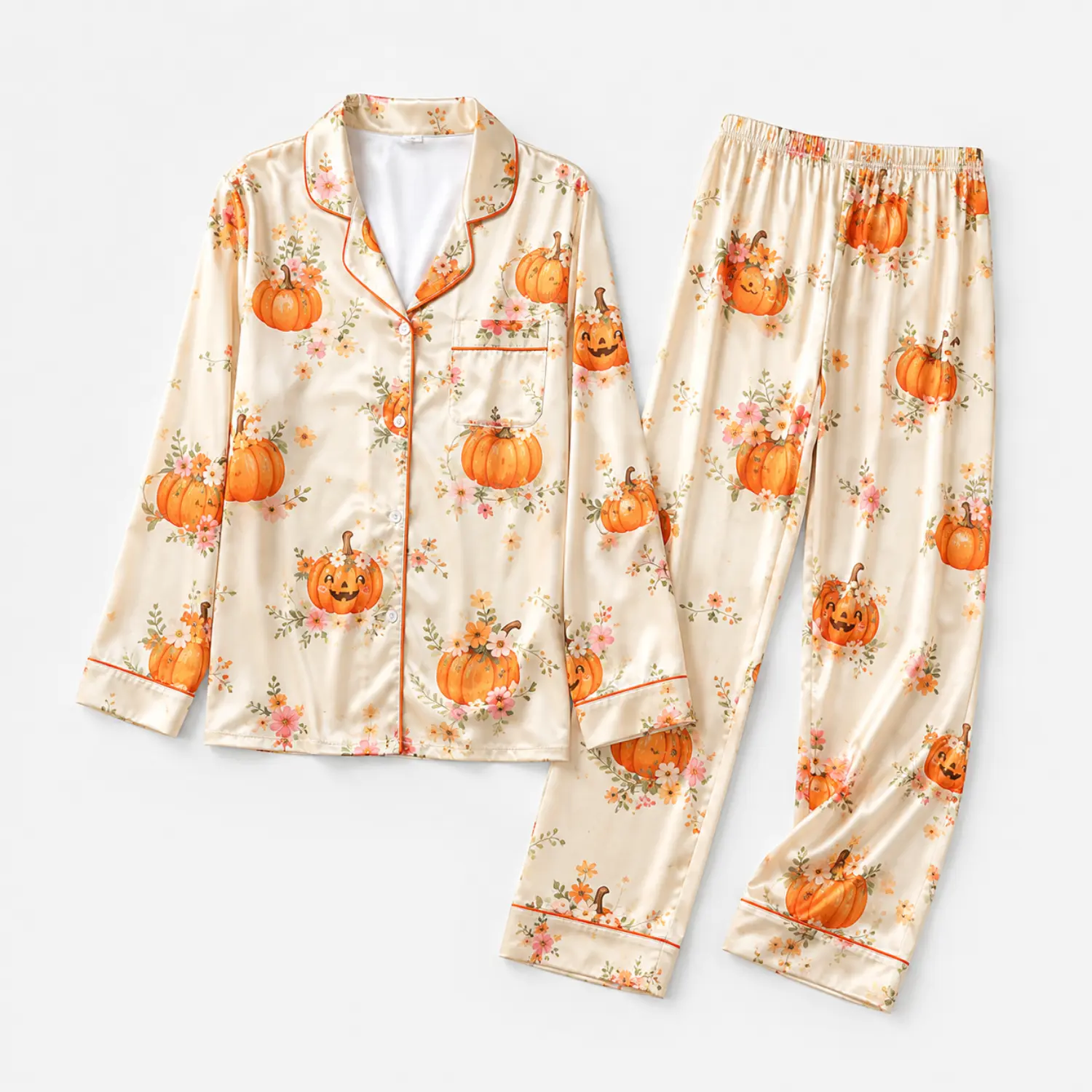 Women’s Halloween Pumpkin Print Long Sleeve Pajama Set with Button Front and Elastic Waist Pants for Fall Winter Sleepwear