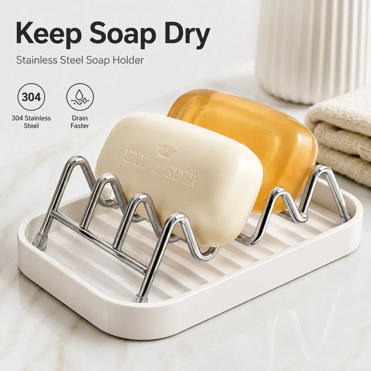 Stainless Steel Soap Dish with Drain Tray, Self Draining Soap Holder, Dual-Sided Soap Saver Rack for Bathroom, Kitchen Sink & Countertop