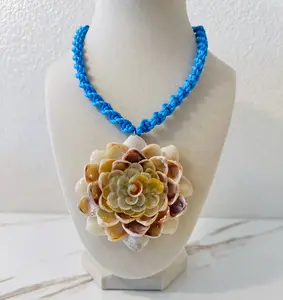 Handmade Seashell Flower Necklace with Blue Macrame Cord | Ocean Inspired Jewelry