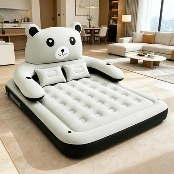 Cartoon Panda Pattern Inflatable Airbed with Drink Slots and Support Pillows, Foldable Portable Camping Bed for Indoor Spare Room & Outdoor Backyard Camping, Camping Mattress, Camping Mattresses