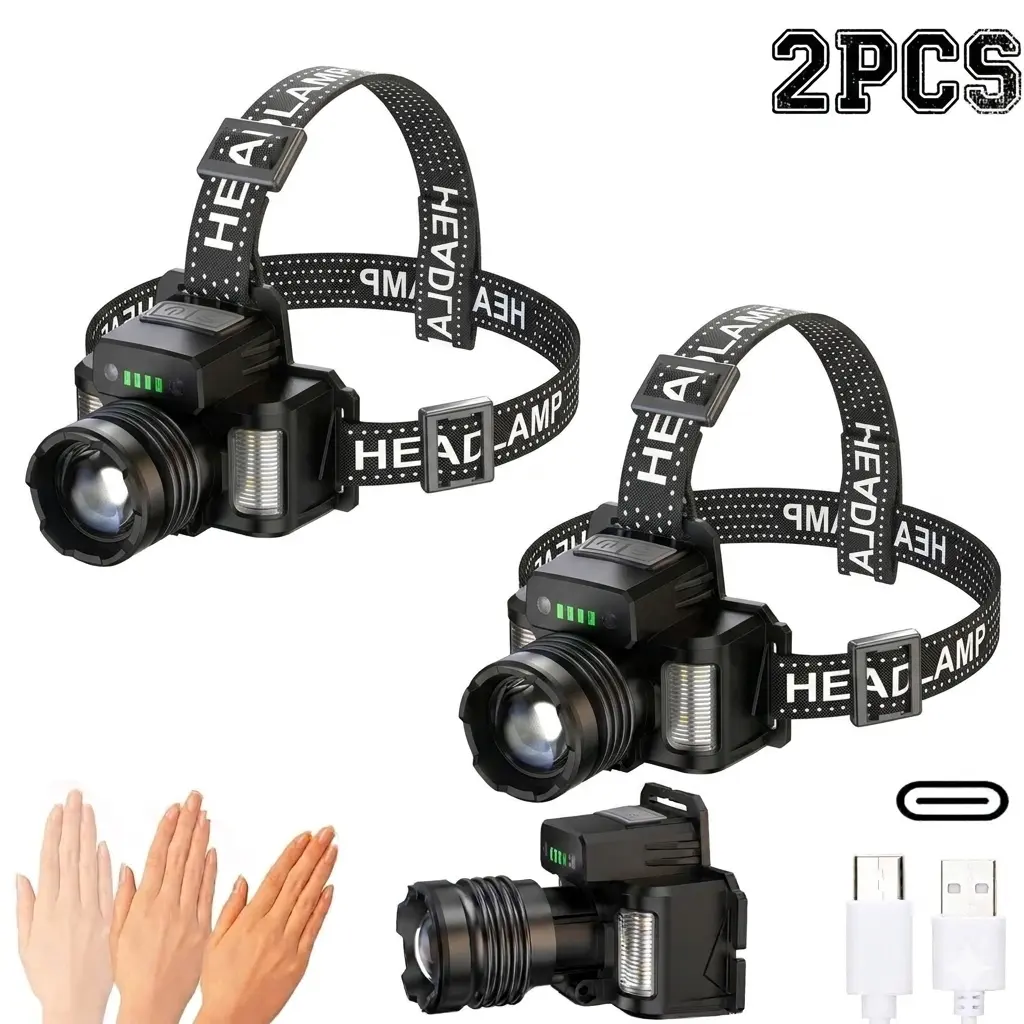 Rechargeable LED Headlamp with Headband & USB Type-C Cable, 5 Adjustable Light Modes, Handwave On/Off Sensor, Water Resistant ABS Alloy Adjustable Forehead Hard Hat Light for Adults, 25%-100% Charge Range, Ideal for Camping, Hiking