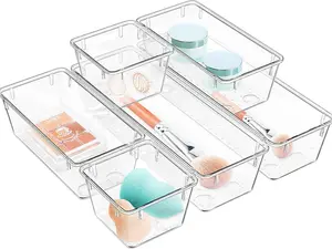 Clear Plastic Drawer Organizer Set 5 PCS 2 Sizes Acrylic Storage Trays Non Slip for Makeup Jewelry Gadgets Kitchen Bedroom Bathroom Office