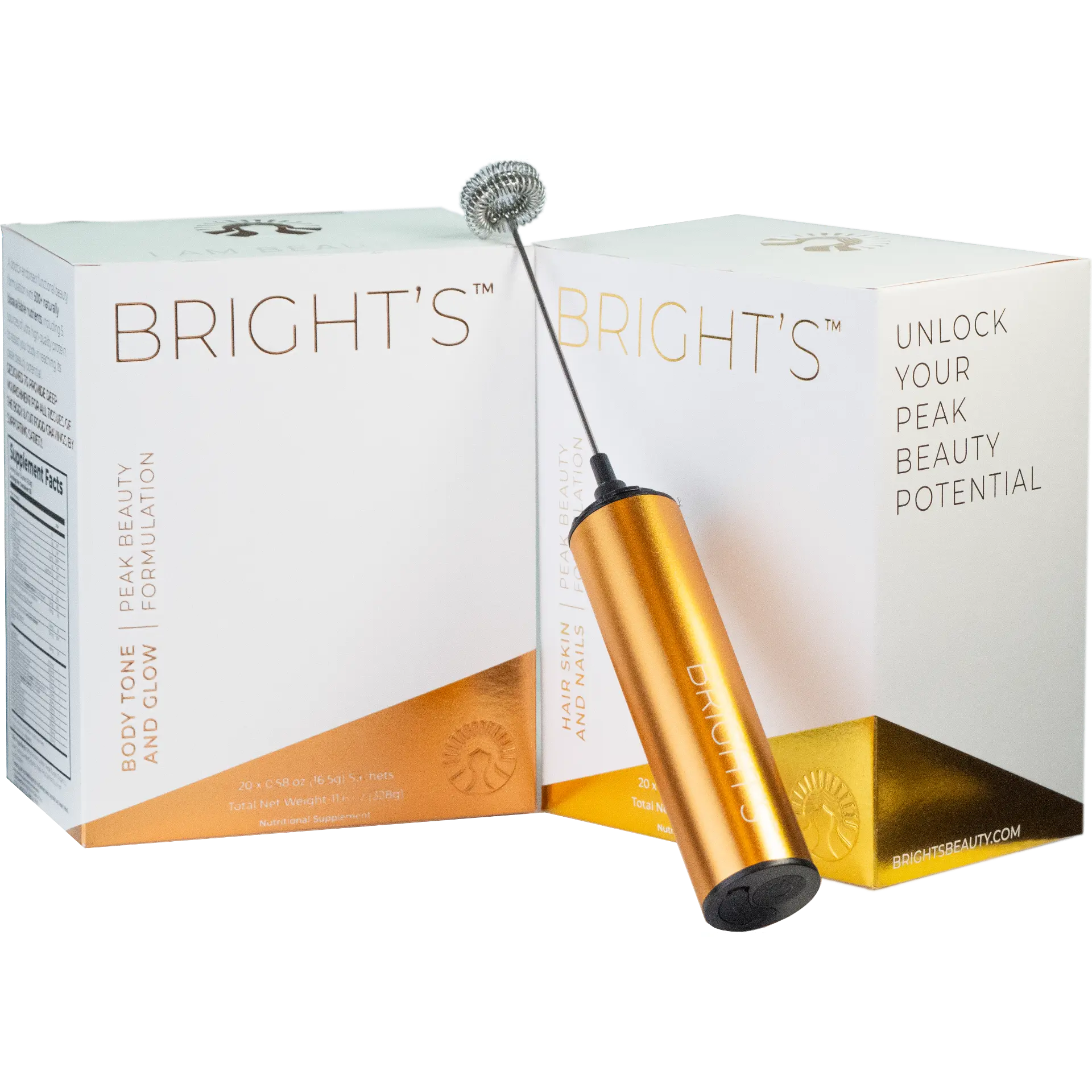 BRIGHT'S Peak Beauty Kit & Premium Frother | Hair Skin & Nails + Body Tone & Glow Supplements (20 Sachets/Each) with Rechargeable Handheld Frother – Supports Glowing Skin, Energy & Daily Wellness