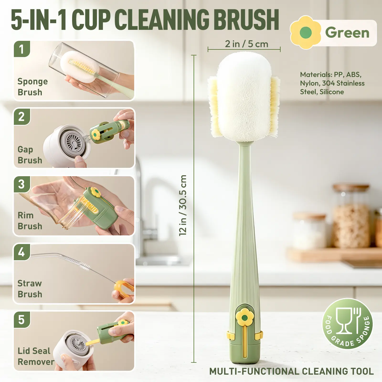 5 in 1 Bottle Brush | Long Handle Cup Cleaning Brush with Straw Cleaner | Food Grade No Scratch Sponge for Water Bottles, Baby Bottles, Tumblers & Mugs