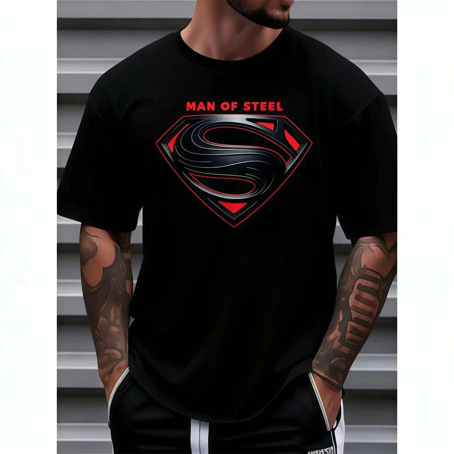 Men's Casual Crew-Neck Shortsleeve Sports Top - Soft, Comfy "Man of Steel" Graphic Print Tee, Suitable for Spring Summer Everyday Wear, Streetwear Outfits, Fabric