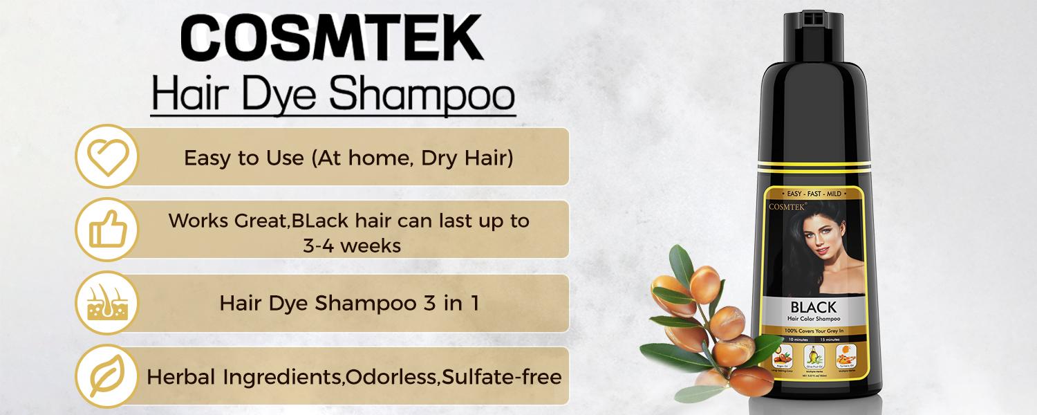 COSMTEK Black 3 in 1 Hair Dye Shampoo,100% Grey Hair Coverage,Contains Ginseng Extract,Herbal Ingredients Natural Shampoo Hair Dye, Salon, springtok