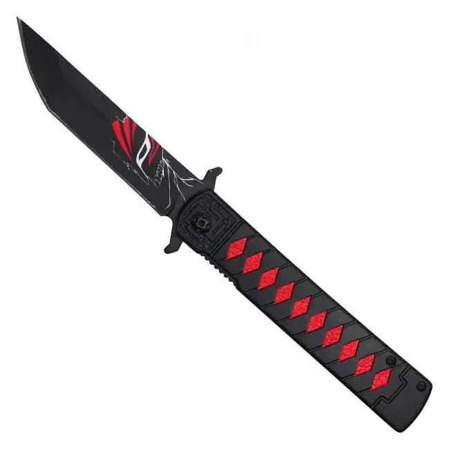 Red & Black Anime Inspired Folding Knife – Manga Graphic – EDC Collectible – Display Decor – Gift for Fans