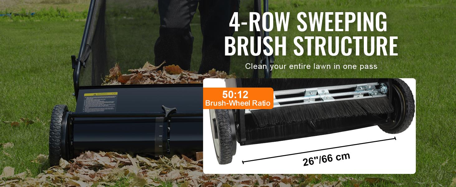 VEVOR Push Lawn Sweeper, TikTokShopBlackFriday, 26 Inch Leaf & Grass Collector, Strong Rubber Wheels & Heavy Duty Thickened Steel Durable to Use with Large Capacity 7 ft&sup3; Mesh Collection Bag, 4 Spinning Brushes