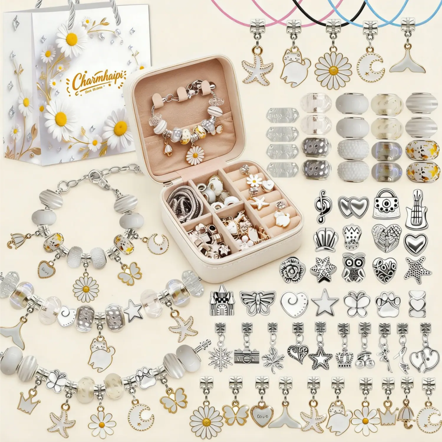 2026New Daisy Handmade Jewelry & Accessories 68Pcs DIY Beads Charm Bracelet for Women Making Kit with Jewelry Box Spring Daisy Beading & Jewelry Making Supplies Kit Special Art Handcraft Gift Spring Limited Edition Jewelry Gifts Set for Girlfriend
