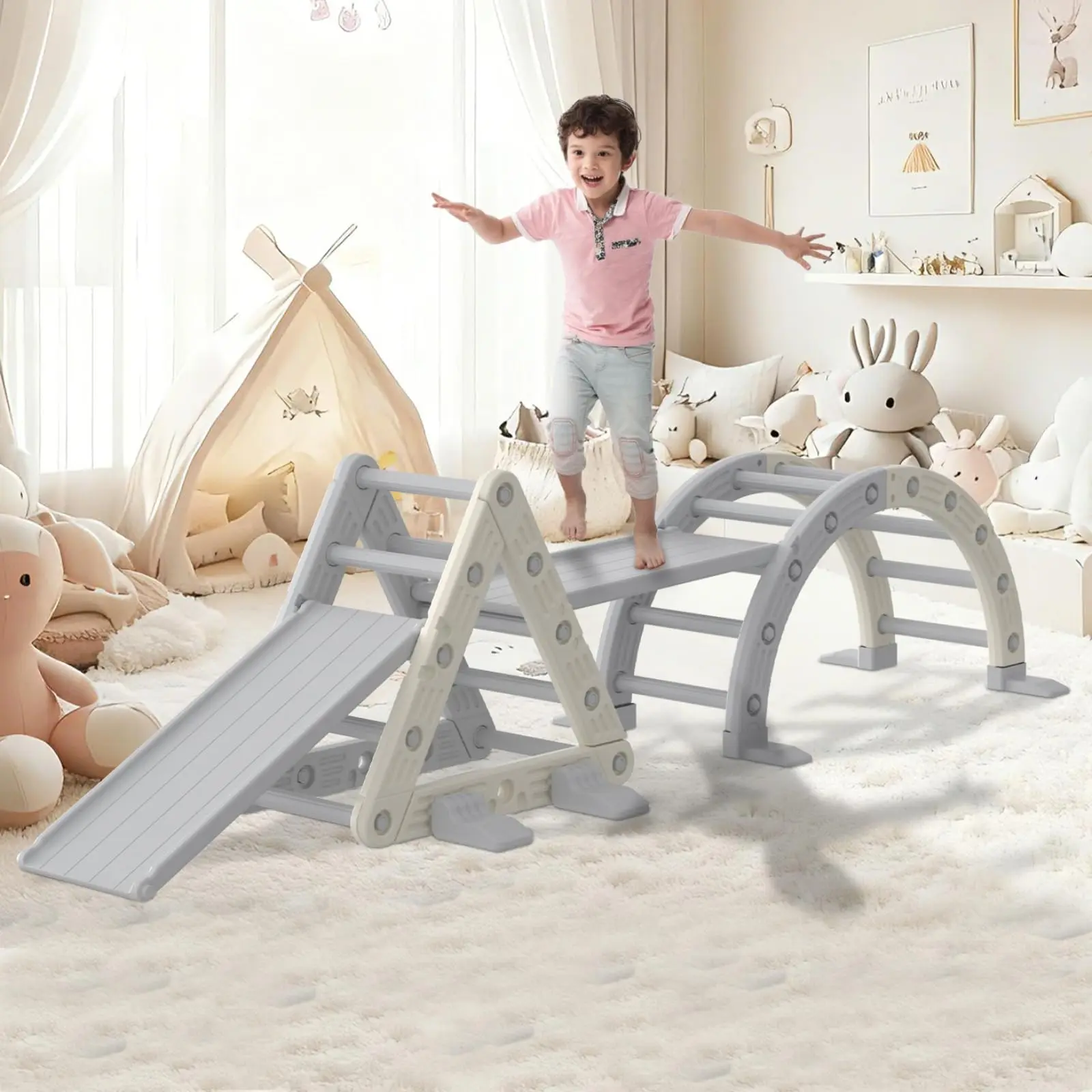 9-in-1 Indoor Playground Jungle Gym Playset for Active Kids, HDPE-PP Plastic Climbing Set with Durable Construction, 1-8 Toddler Indoor Toys Including Arch, Ramp, Ladder & Slide