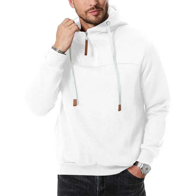 Men's Casual Solid-Color Basic Half-Zip Hooded Sweatshirt - Menswear, Drawstring-Adjustable Cap Circumference, Soft Skin-Friendly Fleece Fabric, Relaxed Slightly Dropped Shoulder Fit, Long-Sleeve Top for Spring/Autumn Commuting, Outdoor Walks