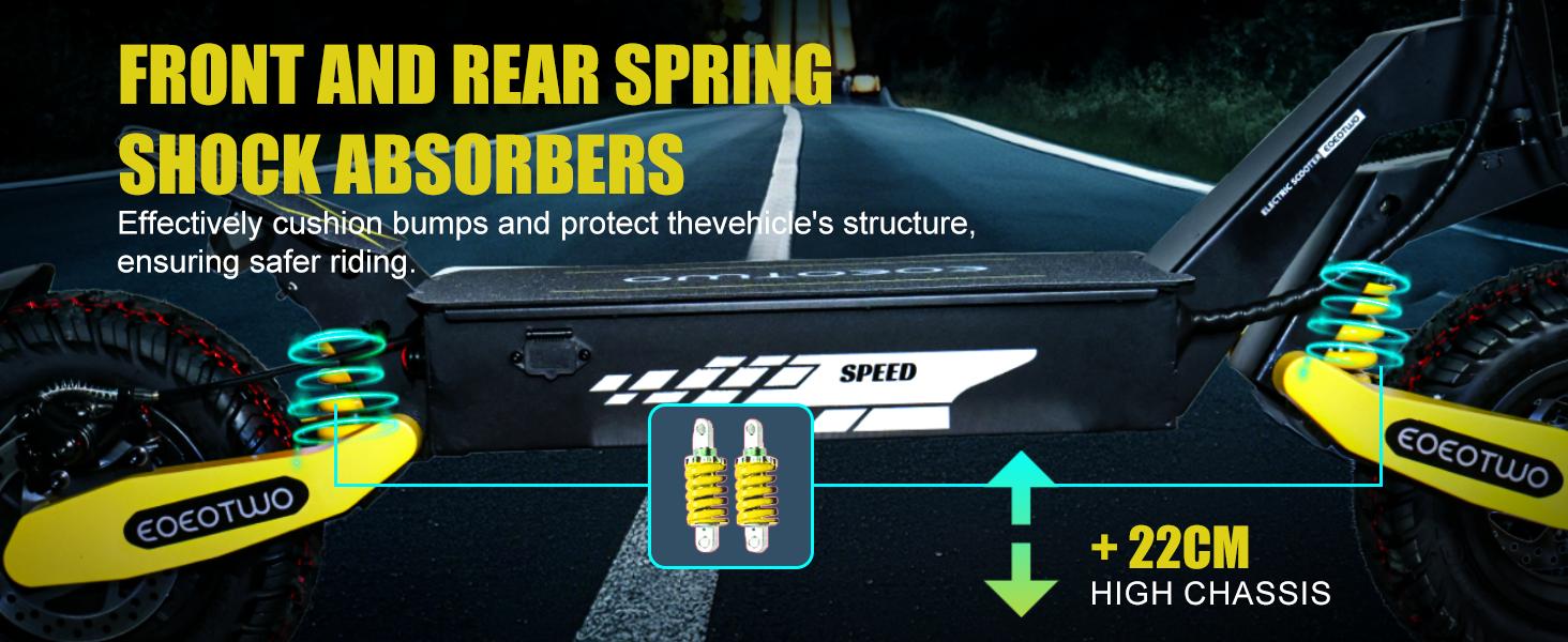 【 EOEOTWO&GT06】Electric scooter with a range of 40 miles, equipped with a 1200 W motor, top speed of 30 miles per hour, 11-inch all-terrain tires, front and rear shock absorbers, an LED display screen, and a foldable design.