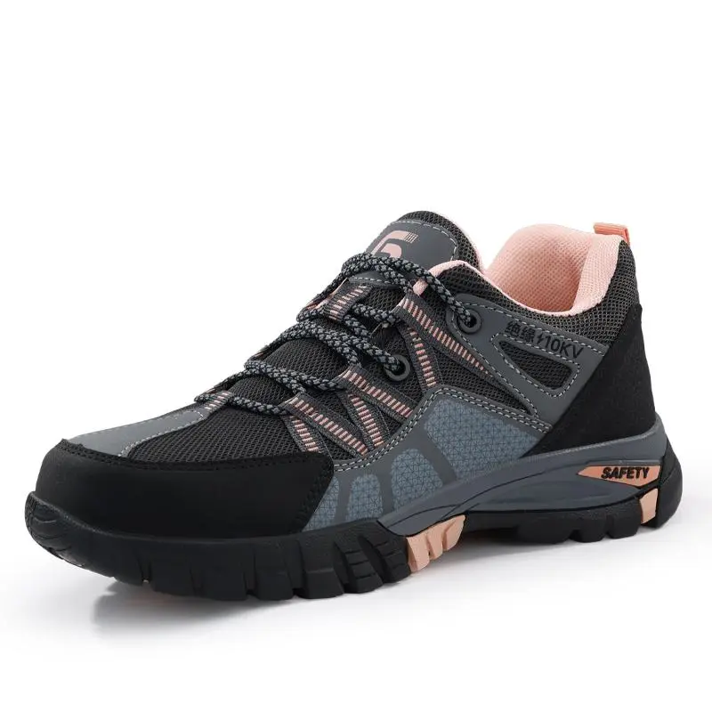 GUYISA women’s composite toe work shoes, Kevlar puncture-resistant midsole, breathable mesh and microfiber upper, rubber outsole, pink low-top safety shoes