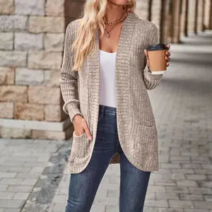 Women's Soft Touch Ribbed Knit Cardigan Open Front Draped Sweater with Pockets Springfresh