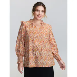 【Summer Turn-Up】【Neck-Lengthening】BlOOMCHIC Plus Size Chiffon Floral Print Ruffled Shoulder Blouse [1x-6x] 2026 Summer Pick for Mother's Day
