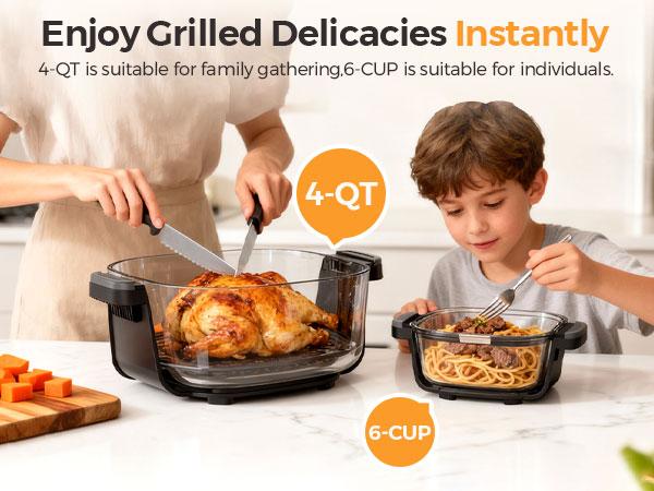 1500W 5-in-1 Glass Air Fryer Non-Toxic - 4Qt Pot+6Cup Container with Lid & Dust Cover, Portable Smart Kitchen Appliance Silicone Pad Included