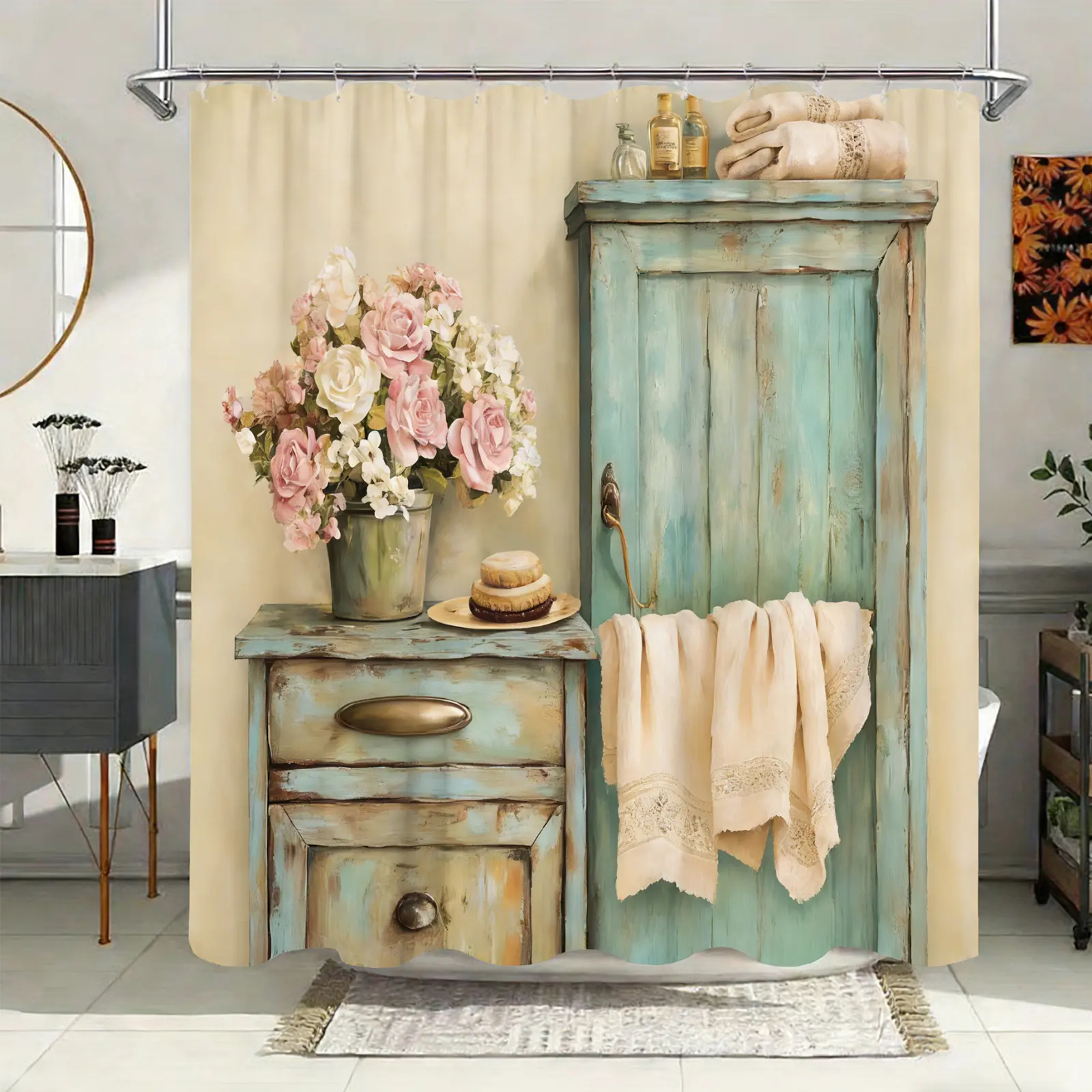 Vintage Floral Plastic Shower Curtain - Turquoise Design with Roses in Metal Vase, Pastel Yellow Wall Accent, Modern Shabby Chic Home Bathroom Decor, Includes Hooks (Bathroom Decoration Accessory Gift), Shower Curtain Sets, Bathroom Decoration Accessories