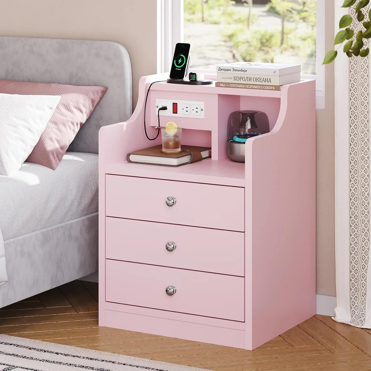 Sikaic Nightstand with Charging Station, Pink Night Stand with Hutch, Bedside Table with Drawers, Bedside Table with Storage Summerwins