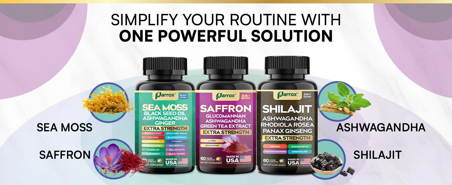 PARROX Internal Wellness Trio - Sea Moss, Shilajit, & Saffron All-in-One Supplement with Extra Strength Ingredients - MADE IN USA