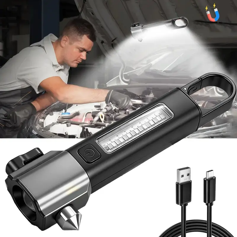 Rechargeable Aluminum LED Safety Hammer Cordless Emergency Flashlight Torch Light - 4 Lighting Modes, Zoomable, Magnetic, Hook-Included Mechanic Tool for Car Maintenance Checks, Inspection, Camping, Drill, Mechanic Accessories, Workshop, Car Repair