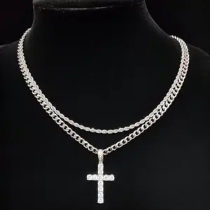 Cross Necklace Curb Cuban Chain for Men Women Silver Color Link Chain Style Layered Design 45g Accessory