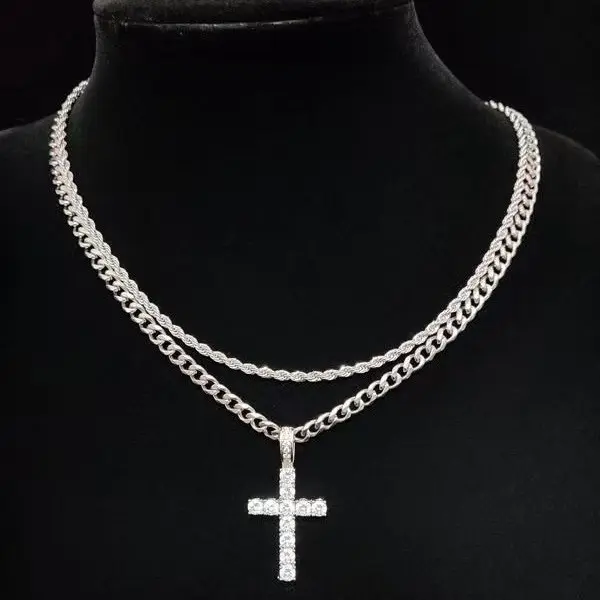 Cross Chain Necklace Men Curb Cuban Chain for Men Women Silver Color Link Chain Style Layered Design 45g Accessory