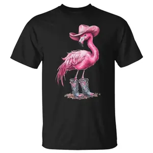 Flamingo Cowgirl Tropical Birds T-Shirt, Short Sleeve Crew Neck T-Shir, Fitted, Pull On, Casual, Unisex Cotton T-Shirt, Menswear, Womenswear