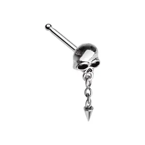 Skull with Dangling Chain Spike Nose Bone Stud - Stainless Steel