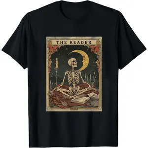 Vintage Skeleton Reader T-Shirt - Retro Book Lover Occult Aesthetic Tee, Spooky Cozy Literary Graphic Shirt, Unisex Soft Cotton Top