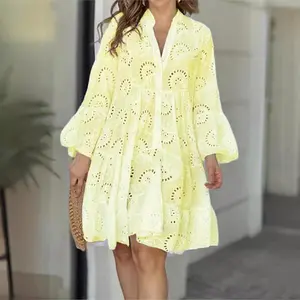 Eyelet Embroidery Notched Neck Smock Dress, Elegant Flounce Sleeve Button Front Short Dress for Vacation Holiday,  Holiday Dresses Summer Piece