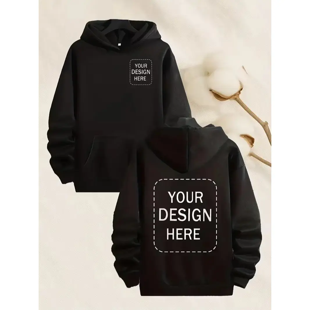 Customizable Men's Hoodie - sweatshirt-Personalized Logo, Loose Fit Drop Shoulder Design, Black Casual Sport Sweatshirt with Pockets, Perfect for Team Or Family Gifts, Functional Pockets, Christmas & Birthdays (Men & Women)