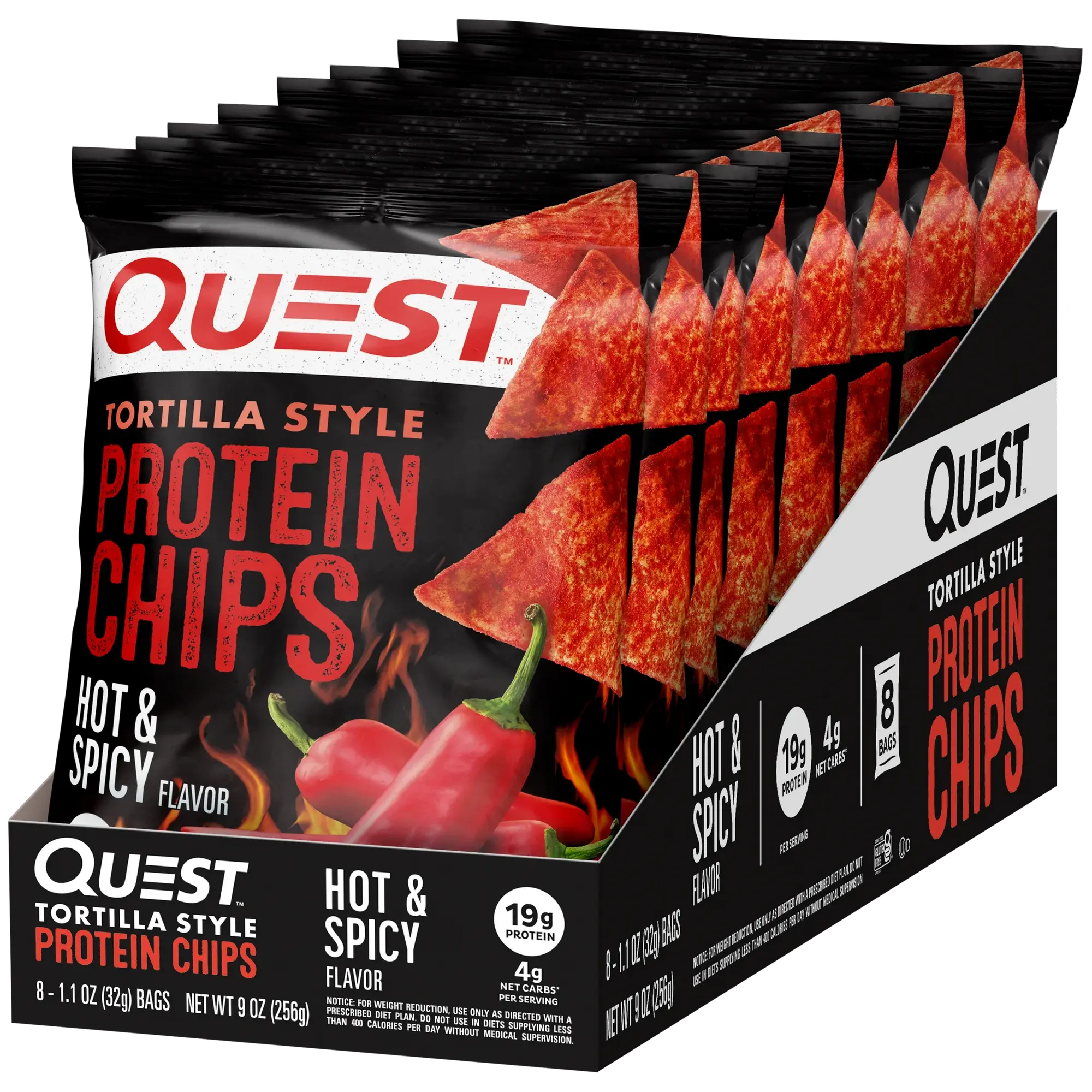 Quest Tortilla Style Protein Chips with 19g of Protein, Hot & Spicy Flavor, 1.1 Oz Bags, 8 Count Snacks Crispy