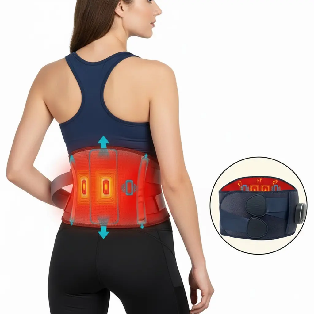 Wireless 3-in-1 Cordless Back Massage Device, Heated Lumbar Support Belt with Red Light Therapy for Lower Back Pain Relief, 5 Heat Levels (40°C-60°C), Touch Screen Operation, Breathable Fabric, Built-In Batteries for Adults, Youth, Daily Desk Use