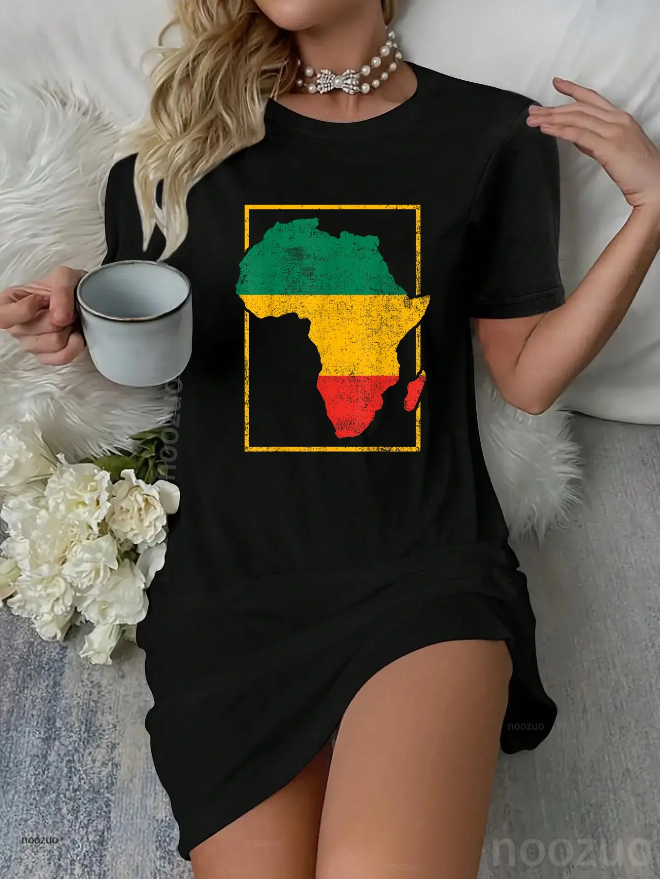 Women's Vintage African Map Graphic Nightdress, Casual Everyday Loungewear with Playful Humor Design, Holiday, Distressed Look, Cute, Retro