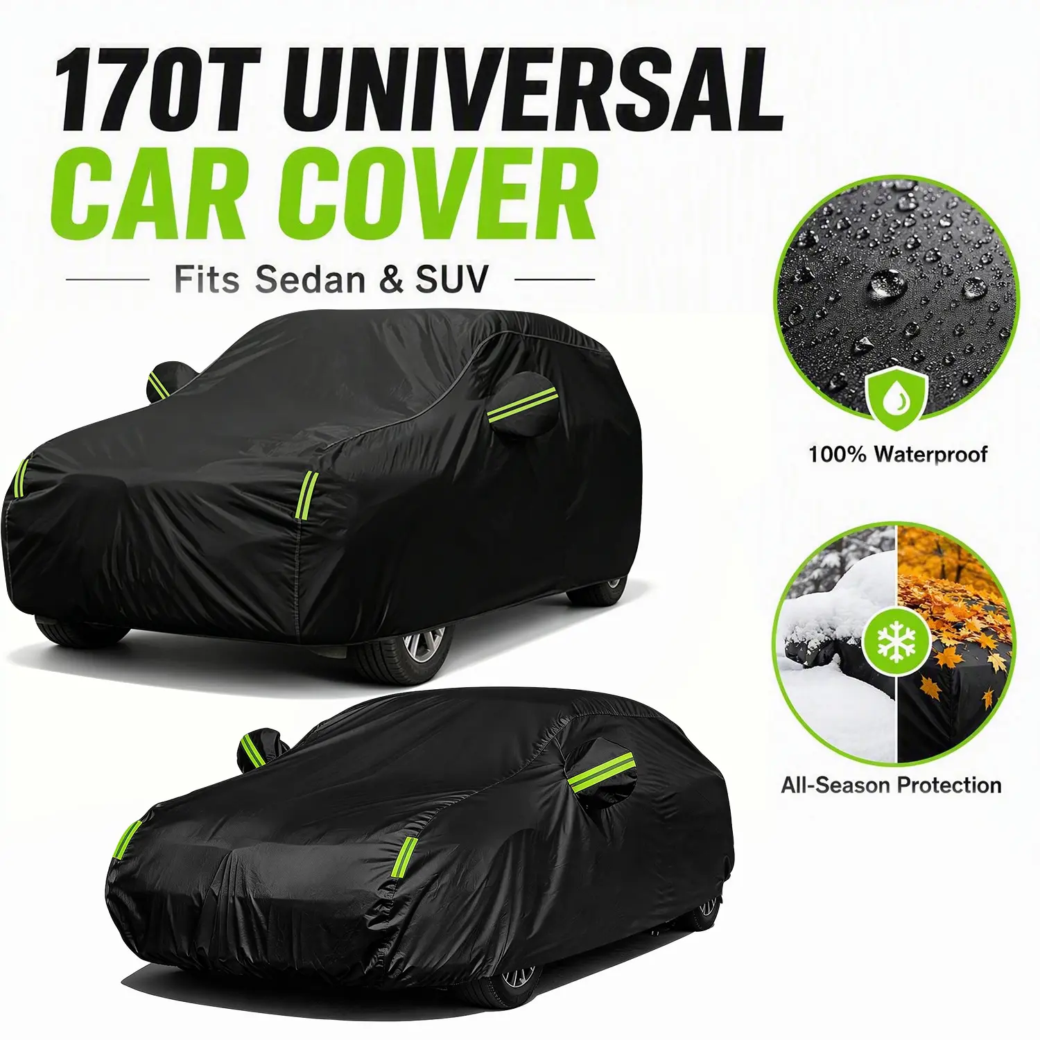 Universal Black Full Car Cover for Sedans & SUVs - All-Season Car Protection, Lightweight High-Density Nylon, Heavy-Duty Waterproof, UV-Resistant, Dust-Proof, Scratch-Resistant, with Storage Bag, Multiple Fits for Outdoor Use