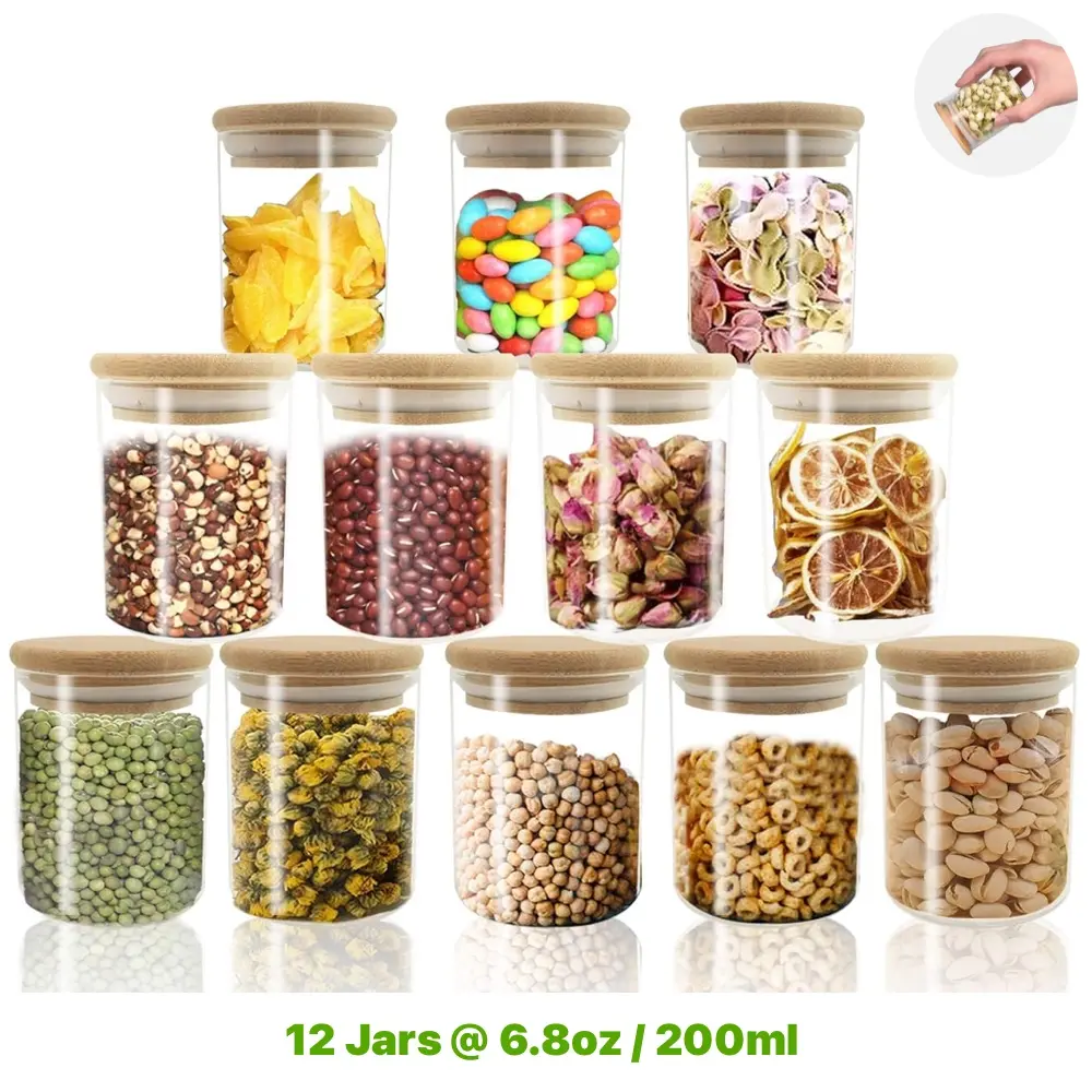 Adorer.care 12-Piece Borosilicate Glass Jar & Bamboo Lid Set 6.8oz/200ml Airtight Food Storage Containers for Coffee Beans Nuts Spices Tea Utensils