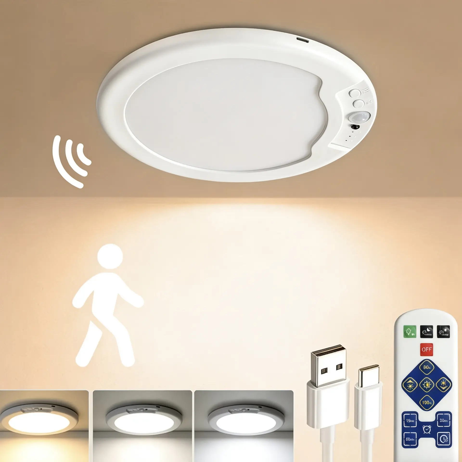 Rechargeable Motion Sensor Ceiling Light with Remote, 3 Color Modes, Magnetic Wireless Ceiling Light USB charging, 5000mAh battery, for Shower, Closet, Pantry, Shed, Hallway, Porch, Father's Day Gift