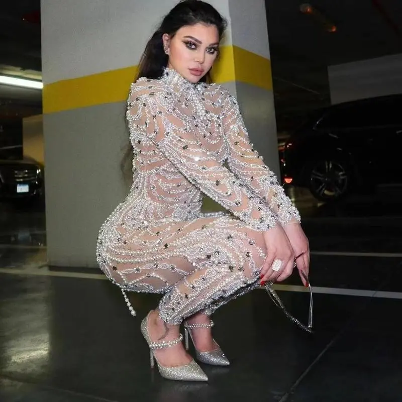 Women's Long-Sleeve Slim-Fit See-Through Sequined Dance Costume Jumpsuit for Sports & Outdoor Performances