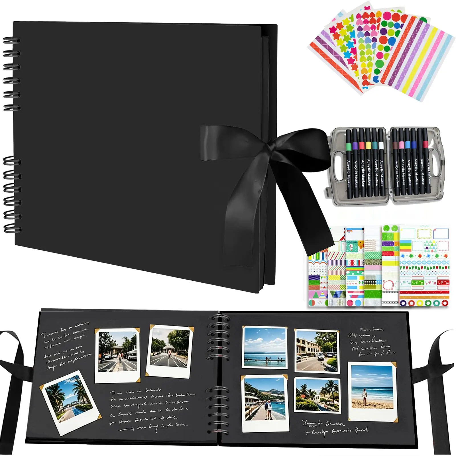 Scrapbook Kit, Black Scrapbook Album DIY Photo Album with tape , Scrapbooking Stickers & 12pcs Markers , Memory Book for Couples Wedding Anniversary Birthday Travel Gifts