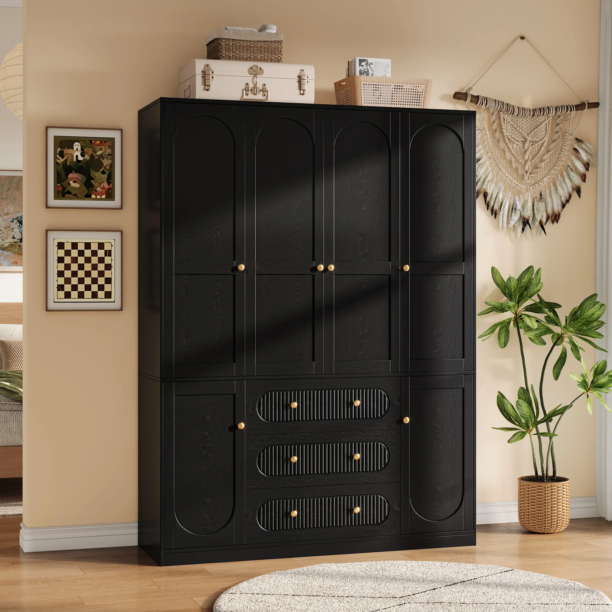 TOKSOM 4-Door Freestanding MDF Wood Armoire Wardrobe Closet - Space-saving 72" White Waterproof Indoor Furniture, Above 25 kg, Adjustable 3 Hanging Rods, 3 Drawers, Wave Panels, Sturdy Base, Fire Safety Label, Assembly Required