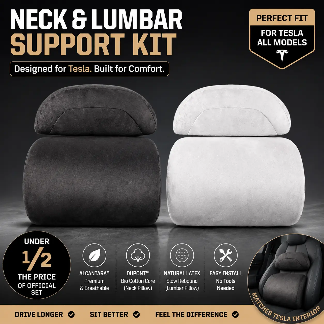 Alcantara Car Neck Pillow & Latex Lumbar Support Pillow Set, Ergonomic Car Seat Cushion Kit for Neck and Back Support, Premium Memory Foam Headrest Pillow for Tesla Model 3/Y and Most Vehicles