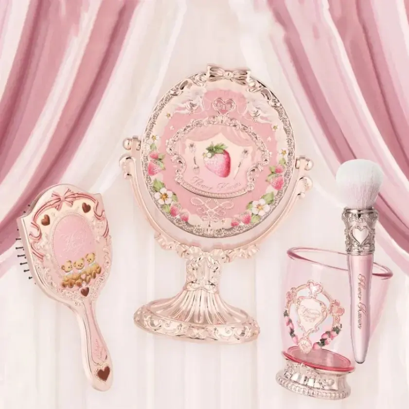 9th Anniversary Set Desktop Mirror Air Cushion Comb Brush Bucket Makeup Tool Kit with Pink Rose Design and Heart Accentskeup thin eyeliner