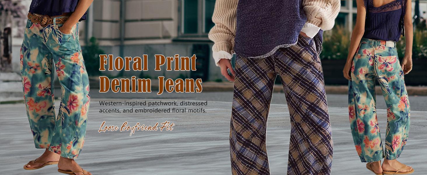 CHOUYATOU Women's Printed Wide-Leg Jeans Y2k Loose Mid-Rise Jeans in Soft Pink with Boho Floral Pattern Casual Denim Trousers