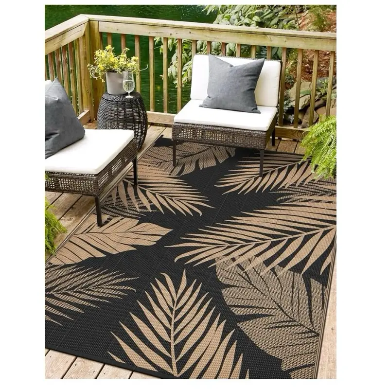 Outdoor Rug 5’x8’ Waterproof for Patio Clearance, Reversible Indoor Outdoor Plastic Straw Camping Rug Carpet, RV Mat, Large Area Rug for Deck, Backyard, Balcony, Porch, Beach, Black & Brown