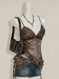 Women's Vintage Paisley Print Patchwork Asymmetrical Hem Cute & Sexy Top