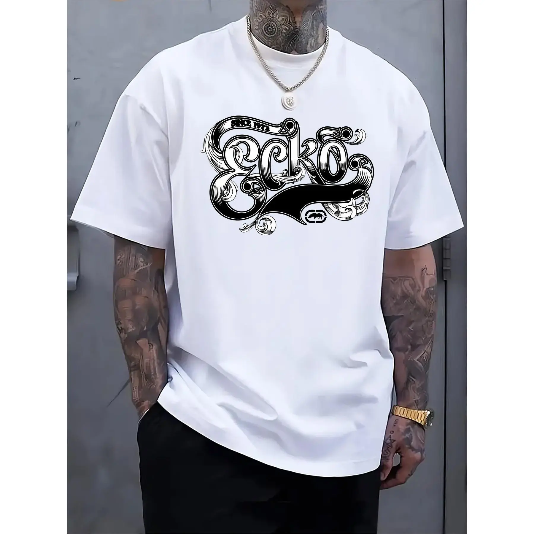 Unisex Ecko 100% Cotton Graphic Digital Print T-Shirt - Tops, Menswear, Casual Streetwear Looks, Basics, White, Short Sleeve, Round Neck, Regular Fit, Slight Stretch, Festive Holiday Wear with Intricate Geometric Black Design